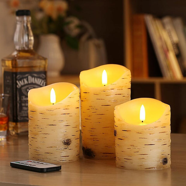 3 Pcs Flameless Birch LED Candles Moving Luminara Real Wax Battery Remote Timer