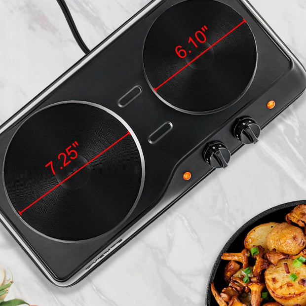 Electric Countertop Double Burner, 1700W Cooktop with 7.25" and 6.10" Cast Iron Hot Plates